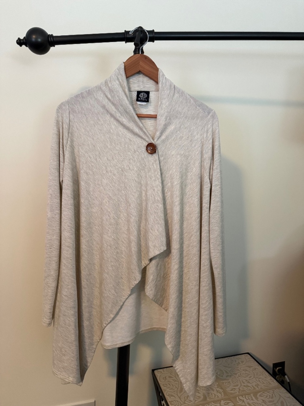 Bobeau One Button Fleece Wrap Cardigan Oatmeal Heather Asymmetrical Sweater M